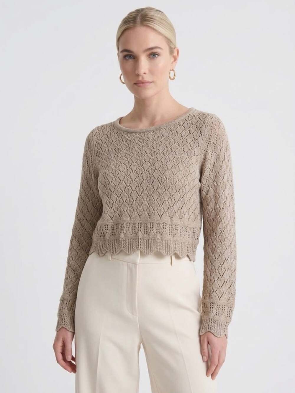 LC Lauren Conrad Pointelle Knit Sweater Size L Beige Scalloped Hem